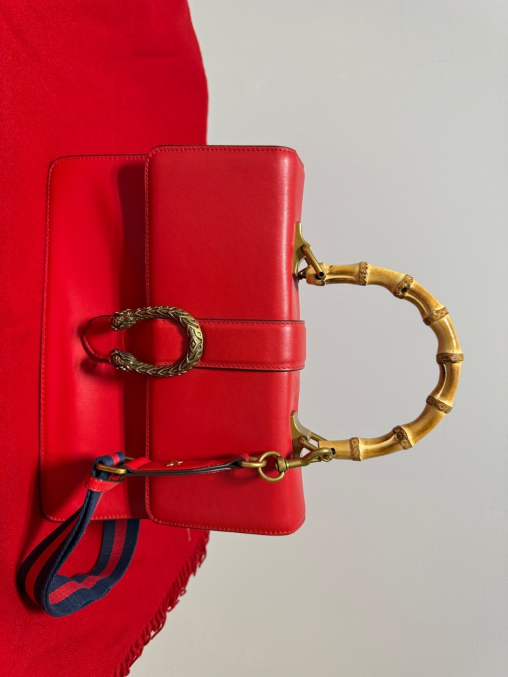 Red Leather Handbag with Bamboo Handle